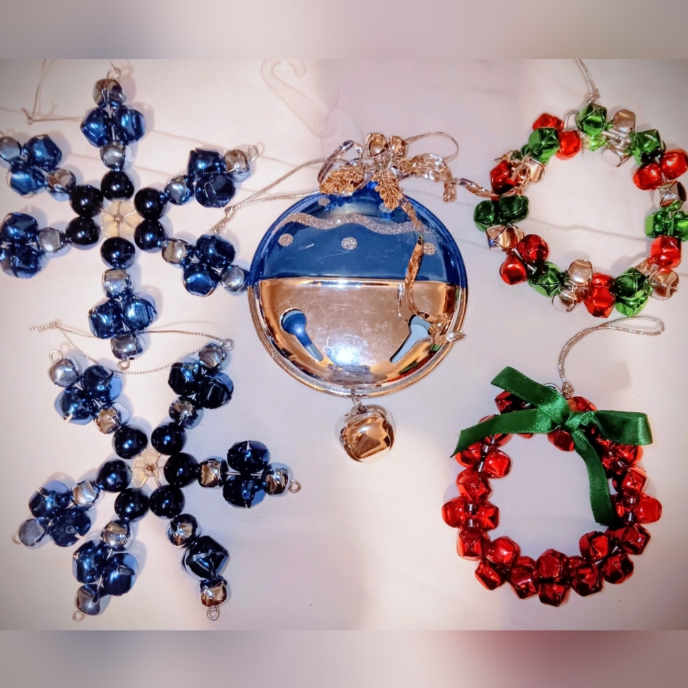 Jingle Bell Ornaments~Snowflake/Star/Mini Wreath & 2 Tone 3D Metal Bulb~5 Pieces